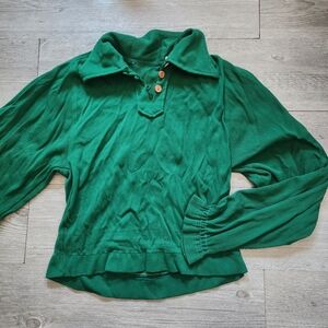 Vintage 1970s Womens Green Long Sleeve Top Size S/M Retro Button Up Collared